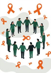 Illustration of diverse people holding hands in two circles, surrounded by multiple orange awareness ribbons on a light background.