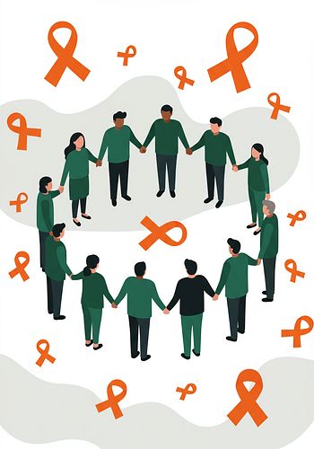 Illustration of diverse people holding hands in two circles, surrounded by multiple orange awareness ribbons on a light background.