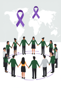 A diverse group of people stands in a circle holding hands, with purple awareness ribbons and a world map in the background.