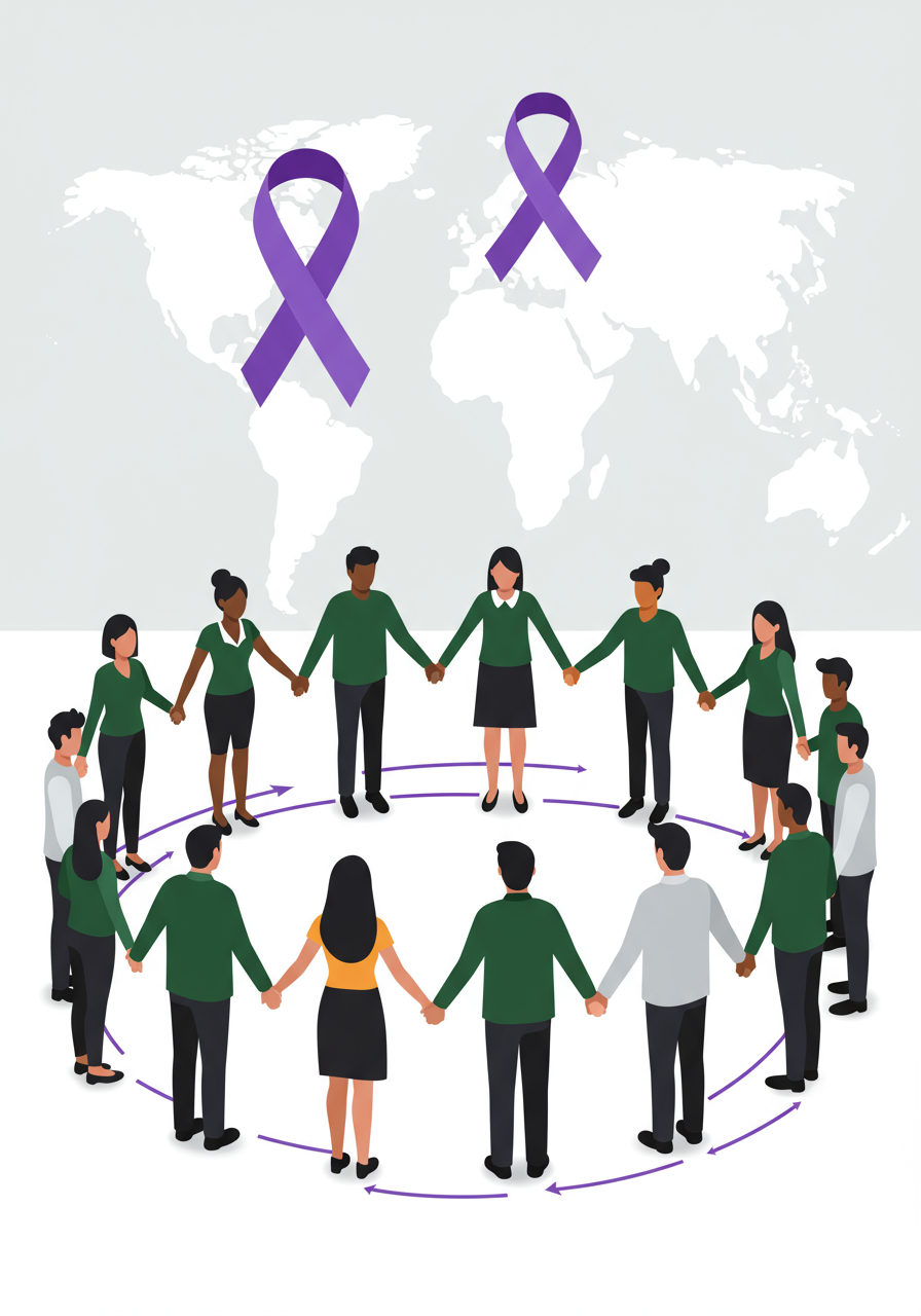 A diverse group of people stands in a circle holding hands, with purple awareness ribbons and a world map in the background.