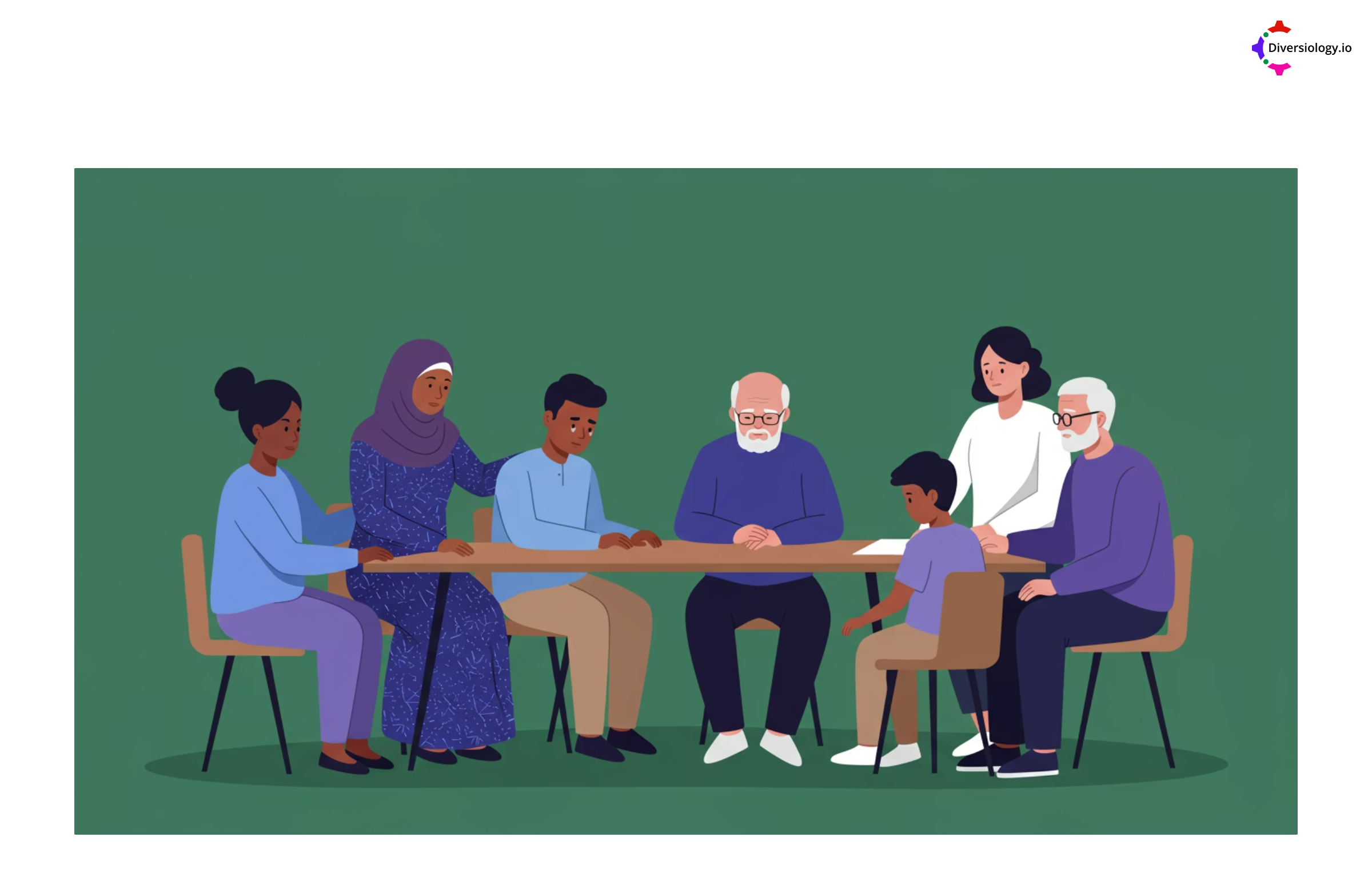 A diverse group of people of different ages and backgrounds sit around a table, engaging in conversation or activities together.