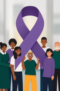 A diverse group of people standing together, holding a large purple awareness ribbon in front of them.