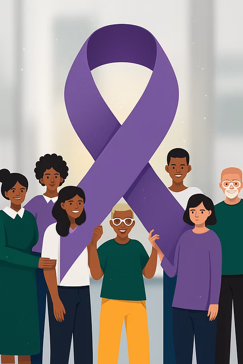 A diverse group of people standing together, holding a large purple awareness ribbon in front of them.
