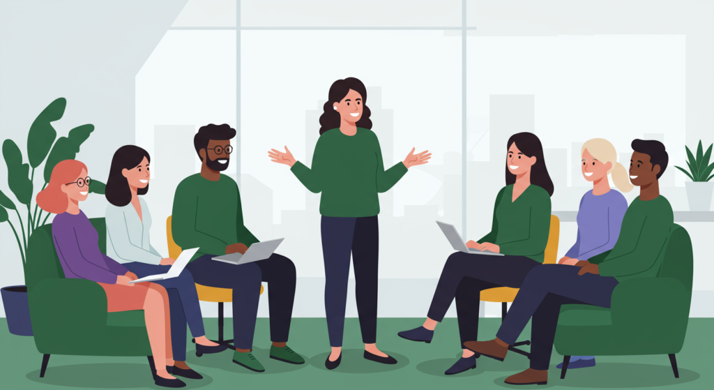 Illustration of six people in an office setting; one person stands and speaks while the others sit and listen, some using laptops, with large windows in the background.