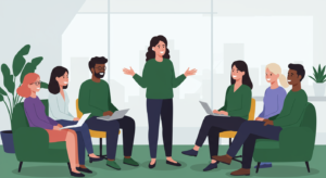 Illustration of six people in an office setting; one person stands and speaks while the others sit and listen, some using laptops, with large windows in the background.