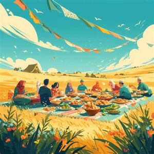 A group of people sits on a blanket in a field, sharing a large meal with dishes spread out, under colorful flags on a sunny day.