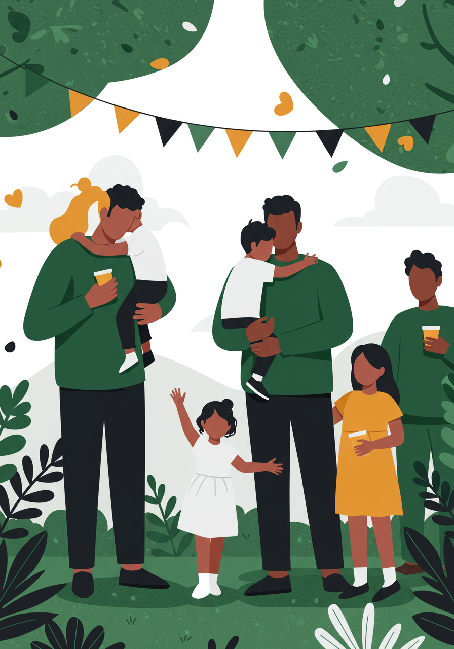 A group of adults and children stand together outdoors, surrounded by plants, with some holding drinks and festive bunting hanging above.
