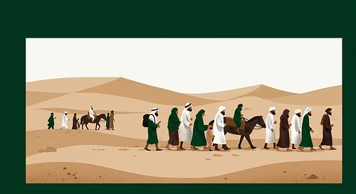 A group of people dressed in traditional clothing walk in a line across a desert landscape, with some leading donkeys.