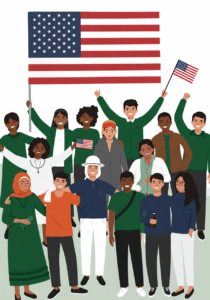 A diverse group of people standing together, some holding American flags, smiling and posing for a group photo.