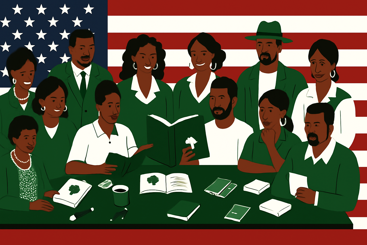 A group of people in green clothing sit and stand around a table with books and papers, in front of a large American flag backdrop.