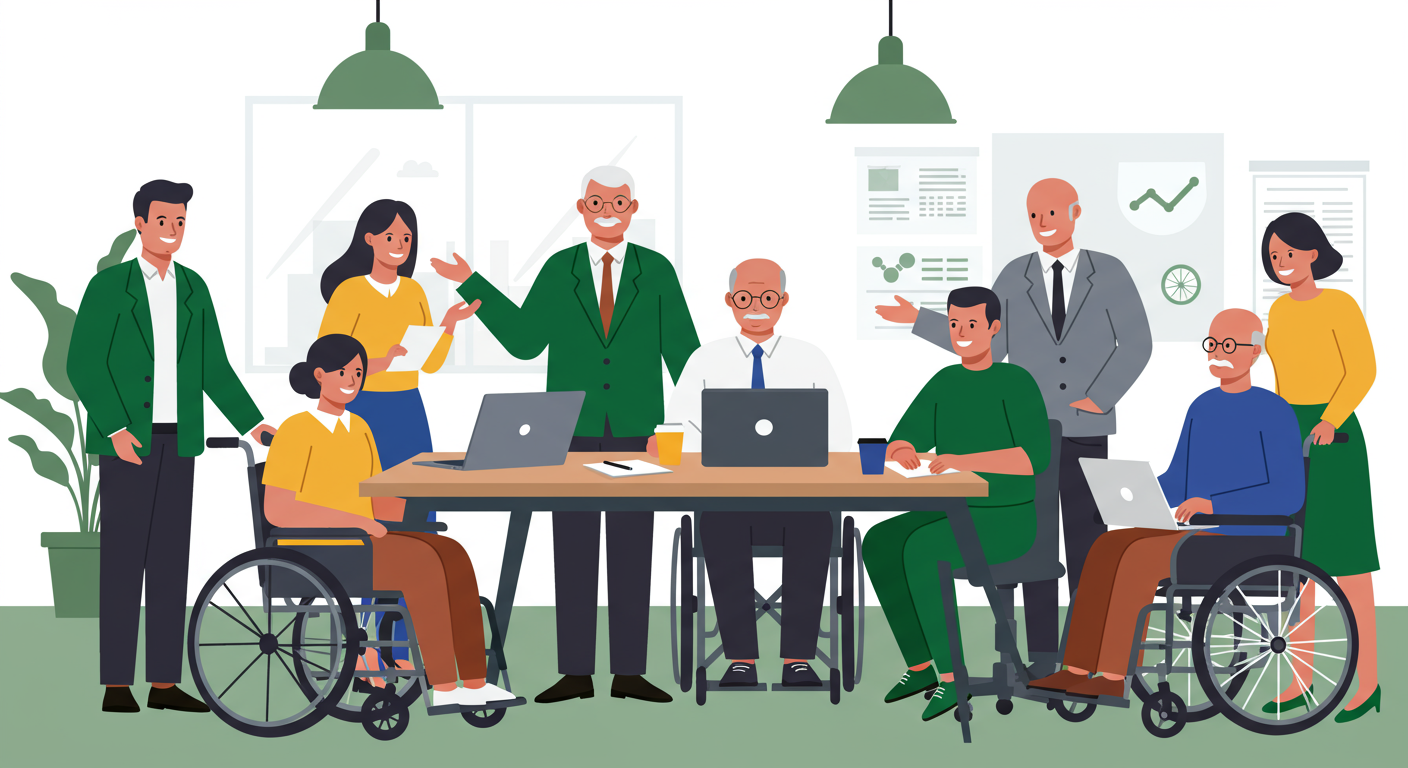 A diverse group of eight professionals, including two people in wheelchairs, gathered around a conference table with laptops in an office setting.