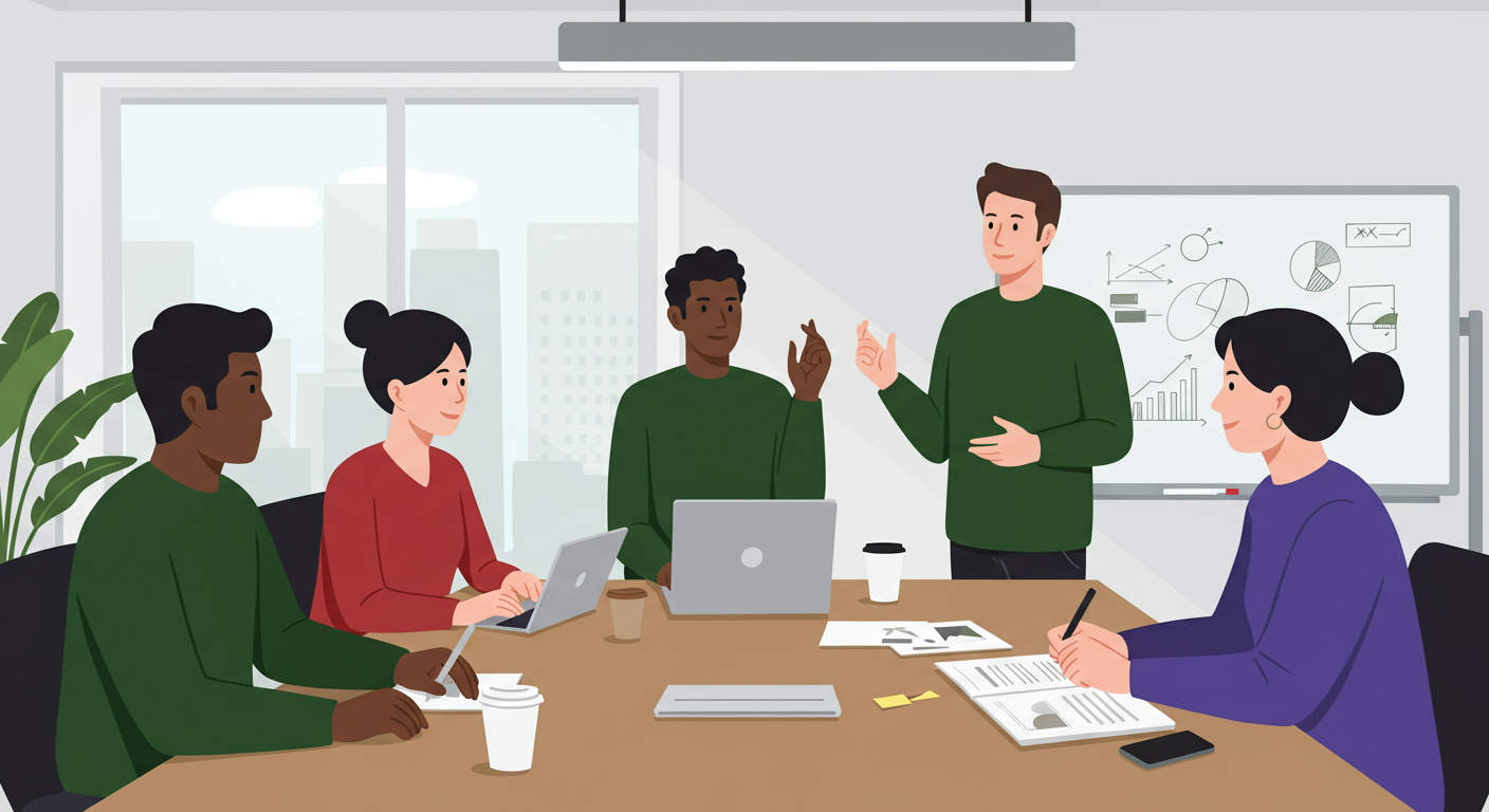 Five people have a meeting in an office, seated around a table with laptops, papers, and coffee; a whiteboard with charts is visible in the background.
