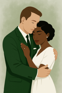An illustration of a couple embracing; the man wears a green suit and the woman wears a white dress. They appear calm and affectionate with their eyes closed.