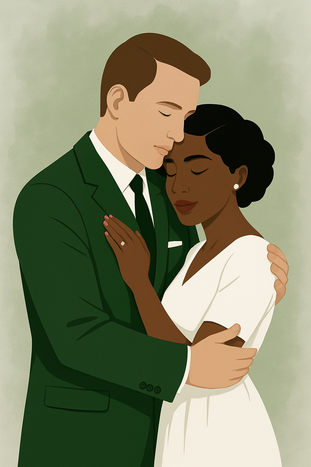 An illustration of a couple embracing; the man wears a green suit and the woman wears a white dress. They appear calm and affectionate with their eyes closed.