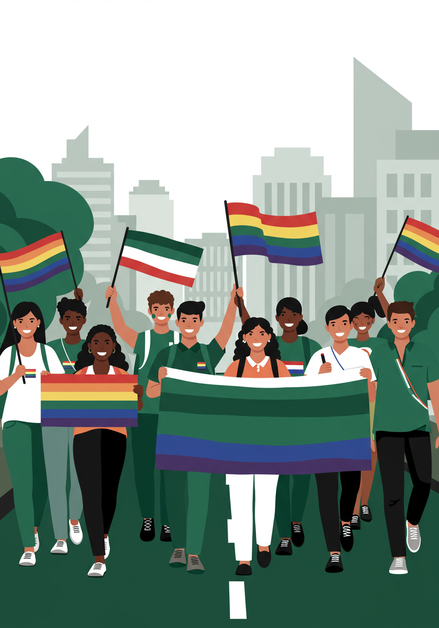 A diverse group of people march in a city holding rainbow and other pride flags, expressing LGBTQ+ pride and solidarity.