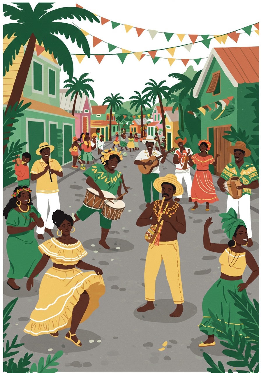 A lively street scene with people dancing, playing instruments, and celebrating among colorful buildings and palm trees, decorated with festive bunting.