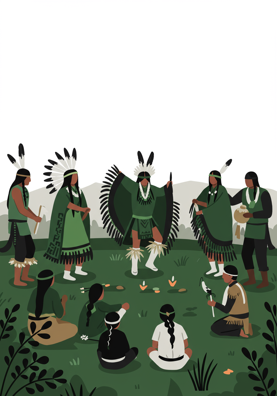 A group of Indigenous people in traditional attire perform a dance and sit in a circle outdoors on grass with mountains in the background.