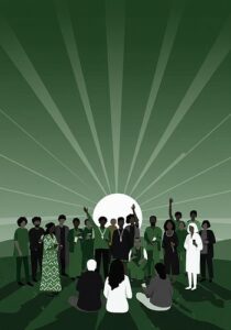 A group of people stand together in front of a rising sun while others sit on the grass, all under green-toned rays spreading outward.