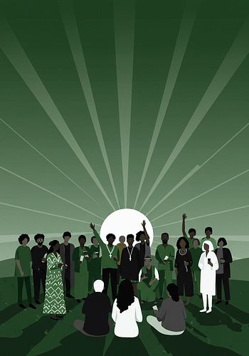 A group of people stand together in front of a rising sun while others sit on the grass, all under green-toned rays spreading outward.