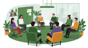 Eight people sit in a circle having a discussion in a modern office space with large windows, plants, and shelves with books and files in the background.
