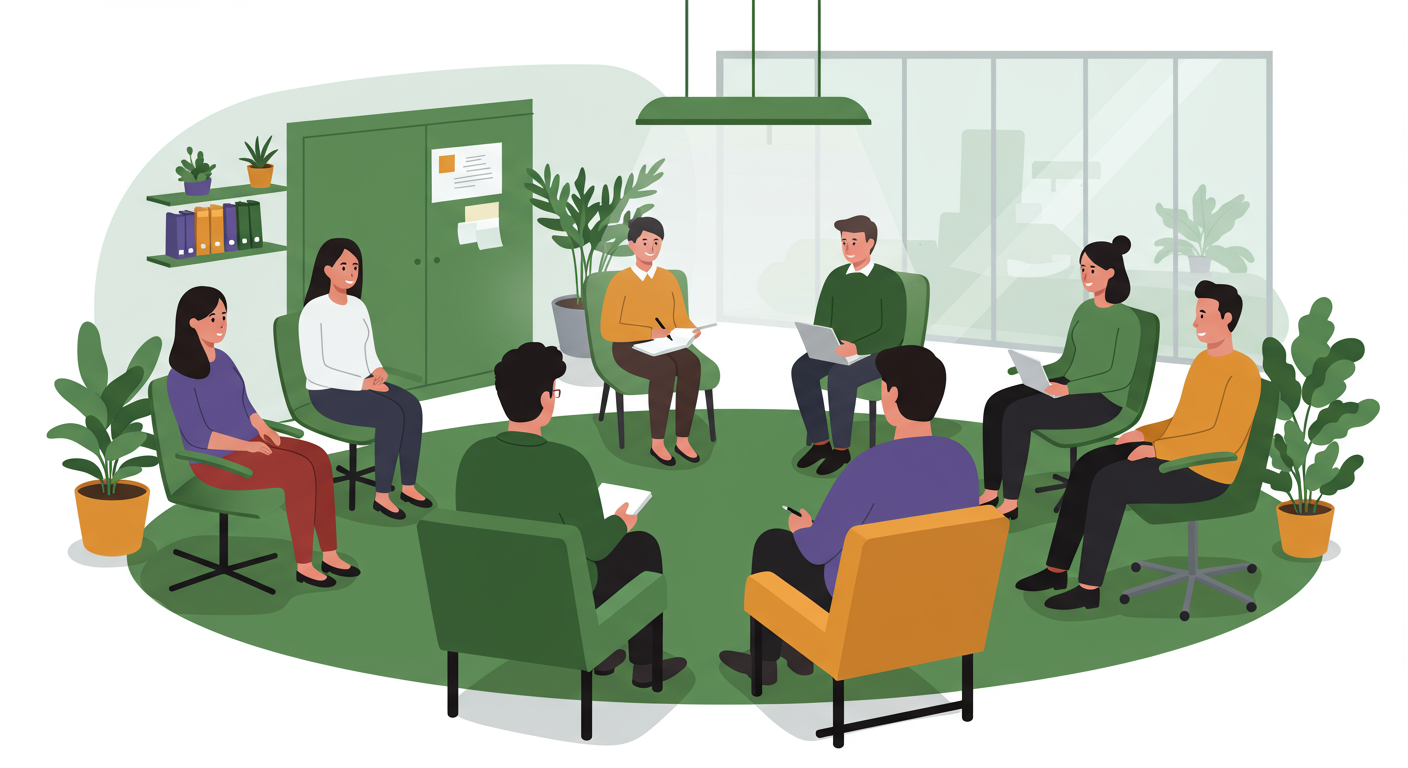 Eight people sit in a circle having a discussion in a modern office space with large windows, plants, and shelves with books and files in the background.