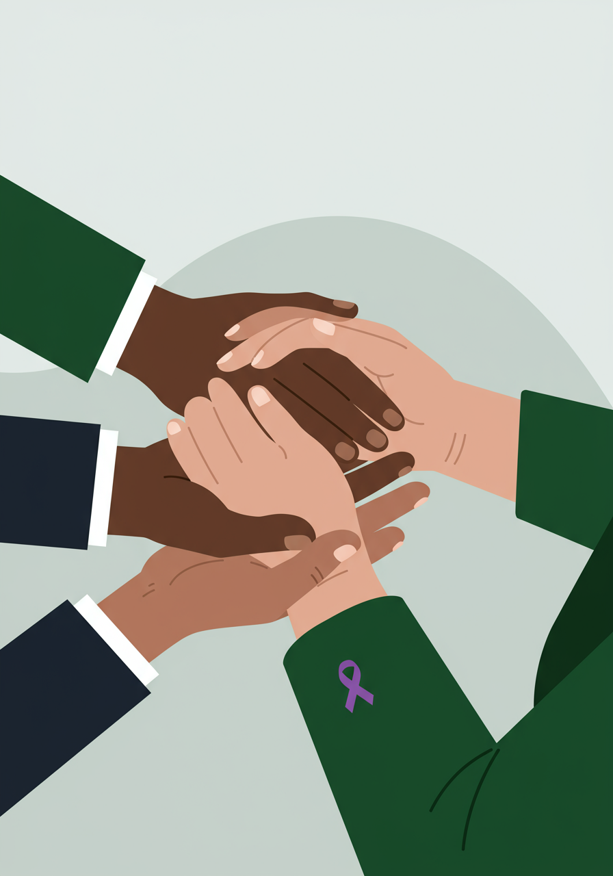 Four hands of diverse skin tones stack together in a gesture of unity; one sleeve features a purple awareness ribbon.