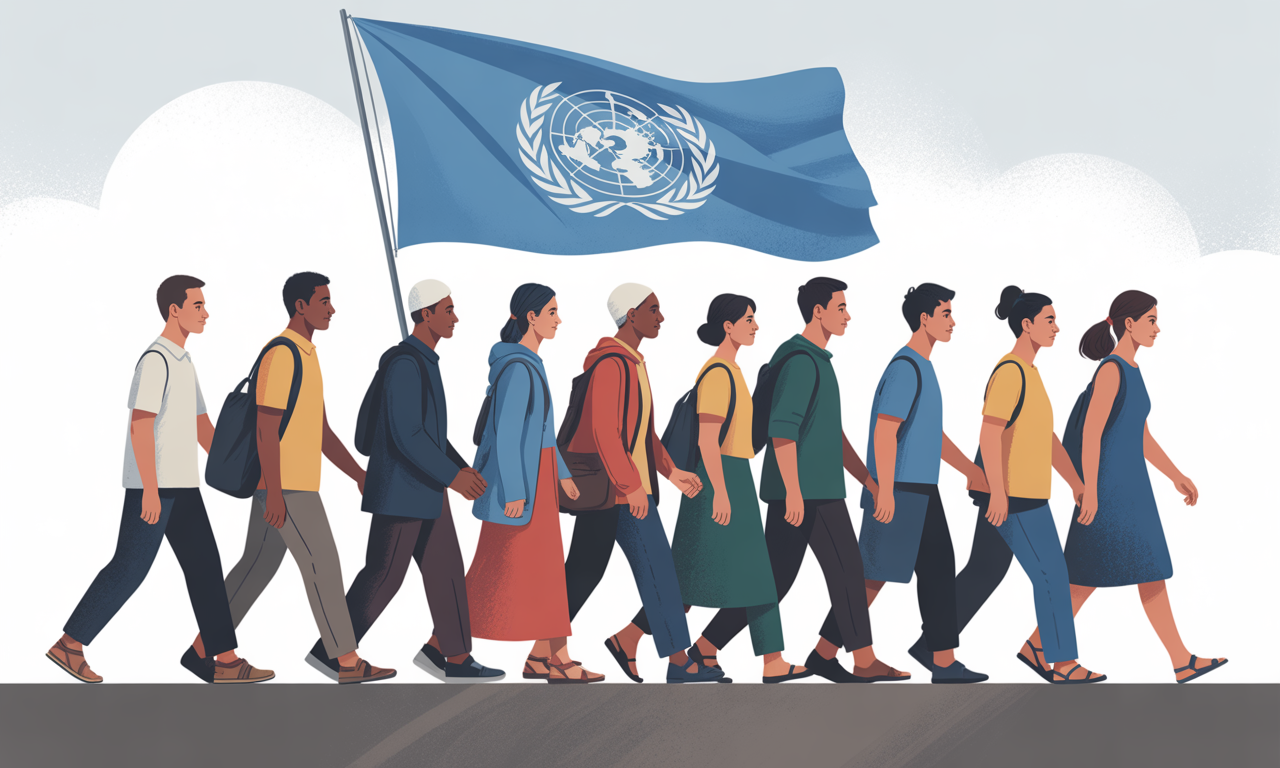 A diverse group of people walk together holding a large United Nations flag, symbolizing unity and international cooperation.