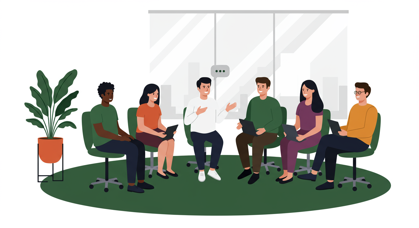 Six people are seated in a semi-circle on office chairs, engaged in a discussion inside a modern office with a large window and a potted plant.