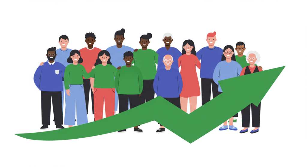 A diverse group of people stands behind a large green upward arrow, symbolizing growth or progress, on a white background.
