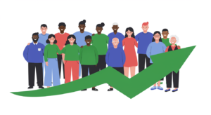 A diverse group of people stands behind a large green upward arrow, symbolizing growth or progress, on a white background.