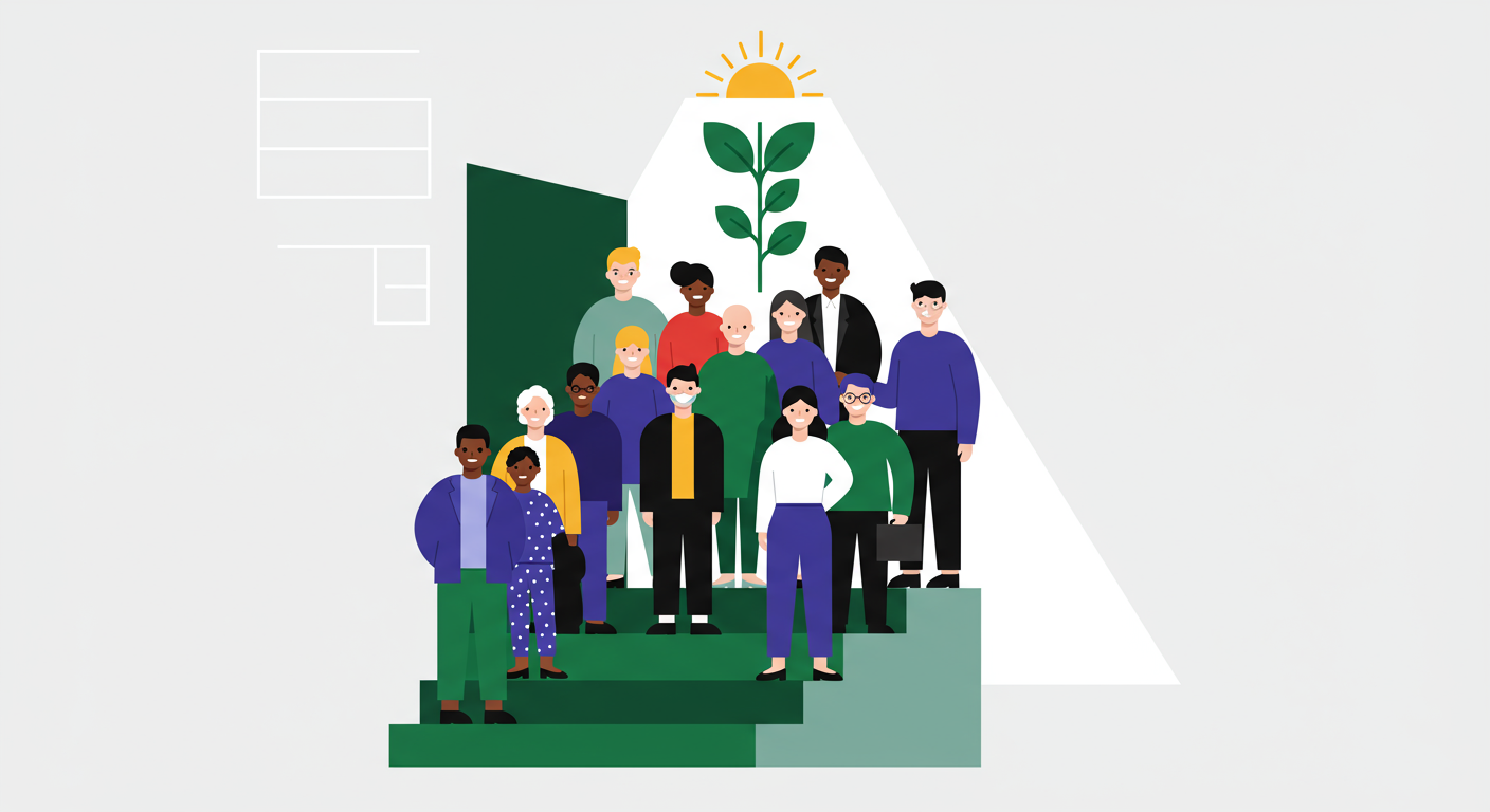 Illustration of a diverse group of people standing on green steps with a plant and sun graphic in the background.
