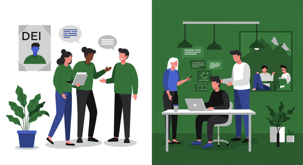 Illustration of diverse groups of people talking and working together in an office, with a DEI poster highlighting the state of DEI in 2025 at work, and plants adding a welcoming touch to the environment.