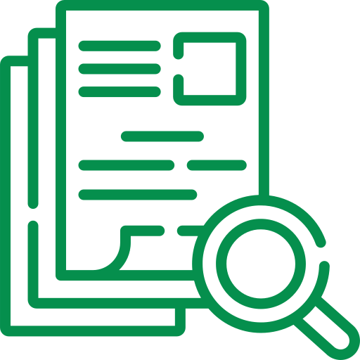 Green line icon of documents with text beside a magnifying glass, symbolizing document review or research.