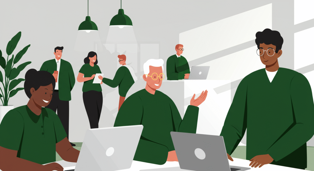 Illustration of people in an office setting working on laptops, talking, and collaborating in a modern workspace with plants, hanging lights, and a sense of pride in their inclusive workplace culture.