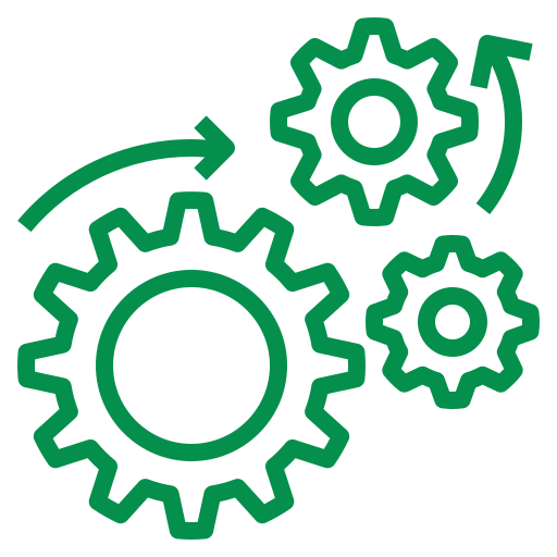 Three green outlined gears of different sizes with two curved arrows indicating rotational movement between them.