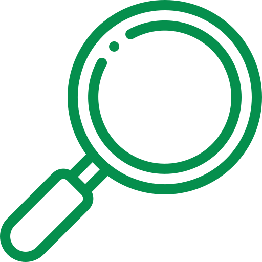Green outline of a magnifying glass icon on a white background.