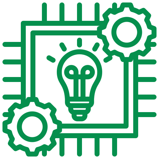 Green icon of a light bulb inside a square chip with two gears, representing innovation or technology solutions.