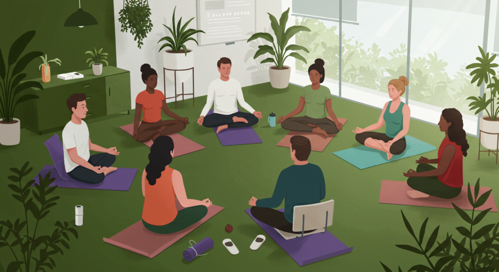 Eight people sit cross-legged on yoga mats in a circle, meditating in a bright, plant-filled room with large windows.