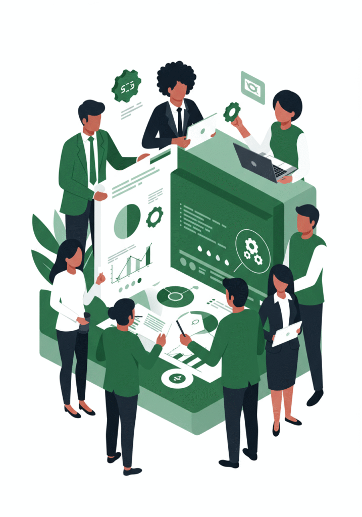 Illustration of a diverse group of business professionals analyzing charts, graphs, and data on large digital screens in a collaborative office setting.