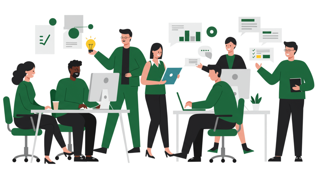 Illustration of six diverse people in an office setting collaborating, working on computers, discussing inclusive feedback, and sharing information with charts and speech bubbles in the background.