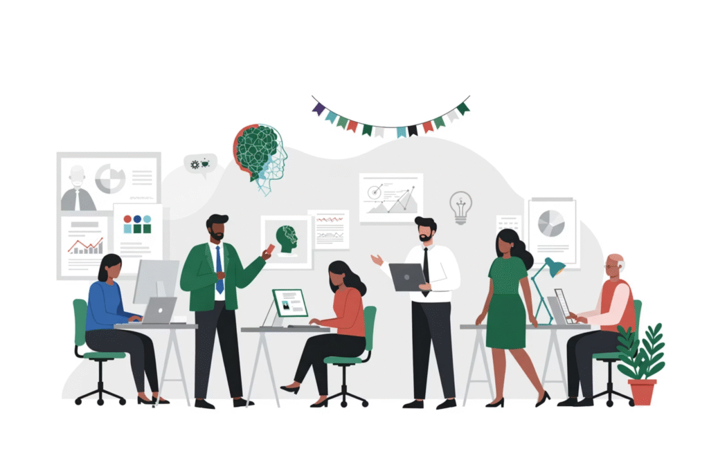 Six people work and collaborate in a modern office setting, with computers, charts, and office decor in the background, recognizing Alzheimer’s and Brain Awareness Month through informative displays and teamwork.