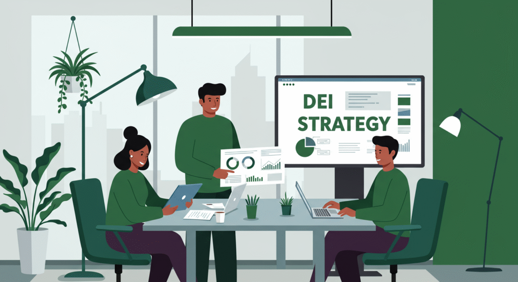 Three people in an office sit around a table with laptops and papers, discussing a presentation on "DEI Strategy" with charts and graphs, focusing on how to get leadership buy-in for their initiatives.
