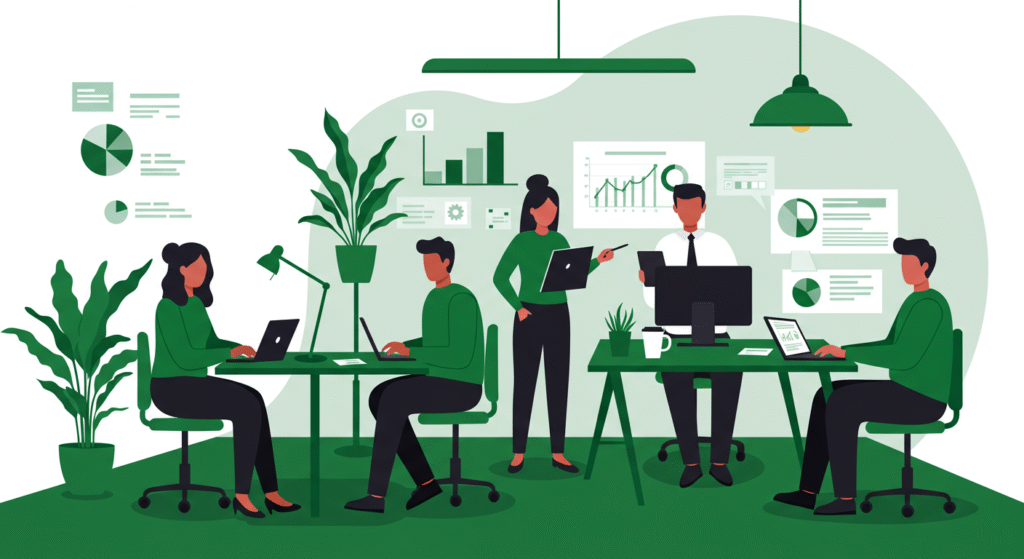 Illustration of five people working and collaborating in a modern office with laptops, charts, graphs, and indoor plants in the background.