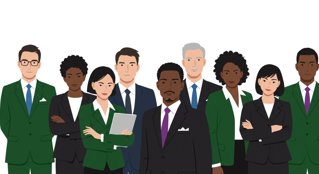 Illustration of a diverse group of professionally dressed men and women standing together, some with arms crossed, one holding a tablet, against a white background considering the AI Action Plan