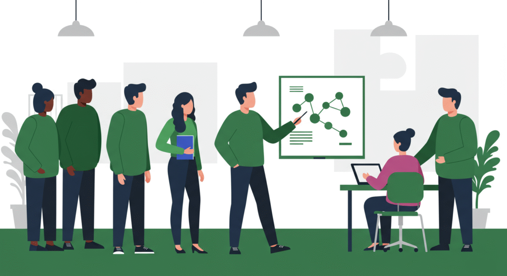 A group of people in an office setting, with one person presenting a diagram on a board while others listen and one person works on a laptop.