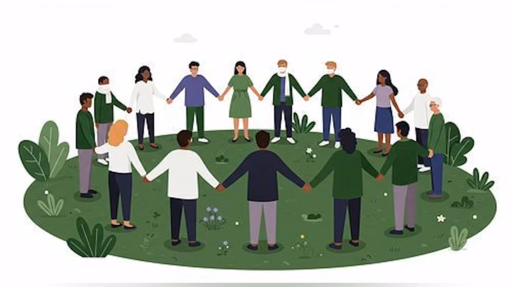 A diverse group of people stand in a circle outdoors, holding hands, surrounded by greenery and plants.
