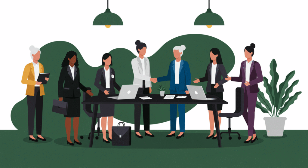 Illustration of six businesswomen in formal attire gathered around a table with laptops and documents, two of them shaking hands in a modern office setting.