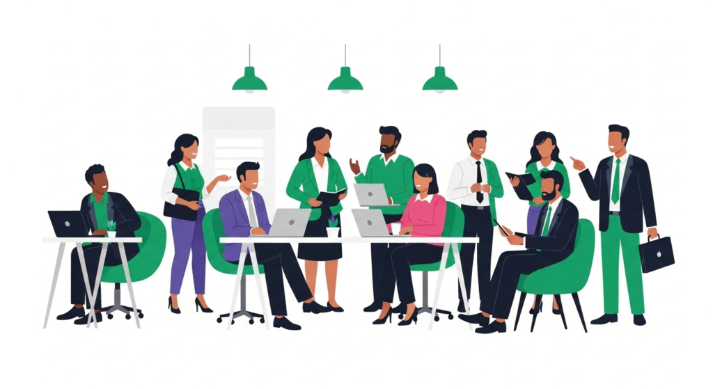 Office scene with a diverse group of people working on laptops, holding devices, and talking, set in a modern workspace with green chairs and hanging lights.