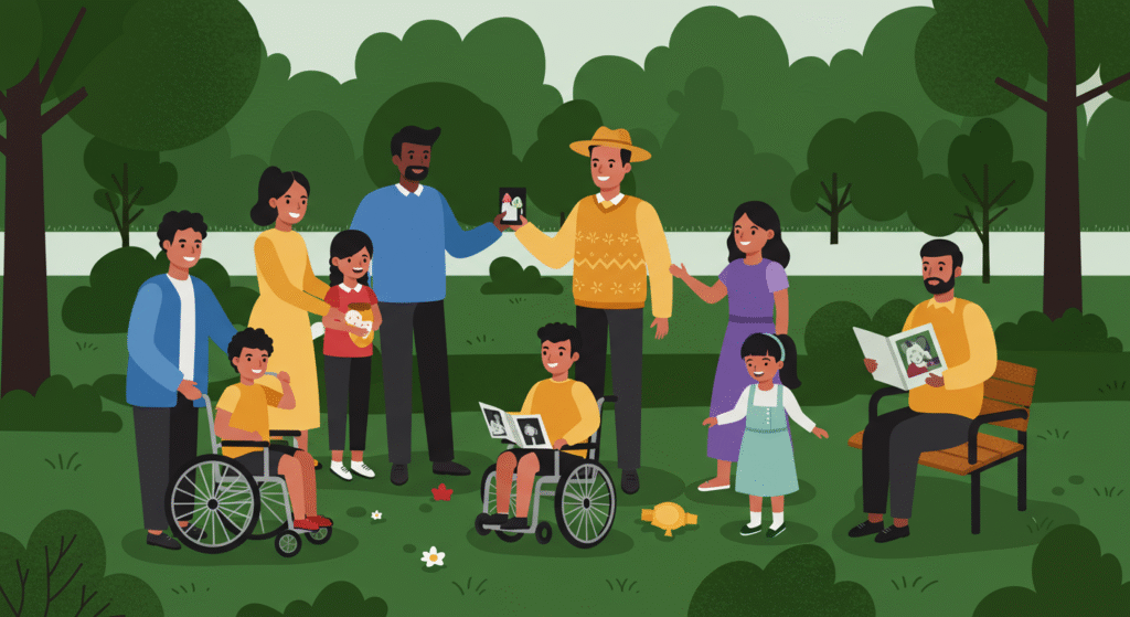 A diverse group of people, including children and adults, some in wheelchairs, gather and interact in a park with trees and greenery.
