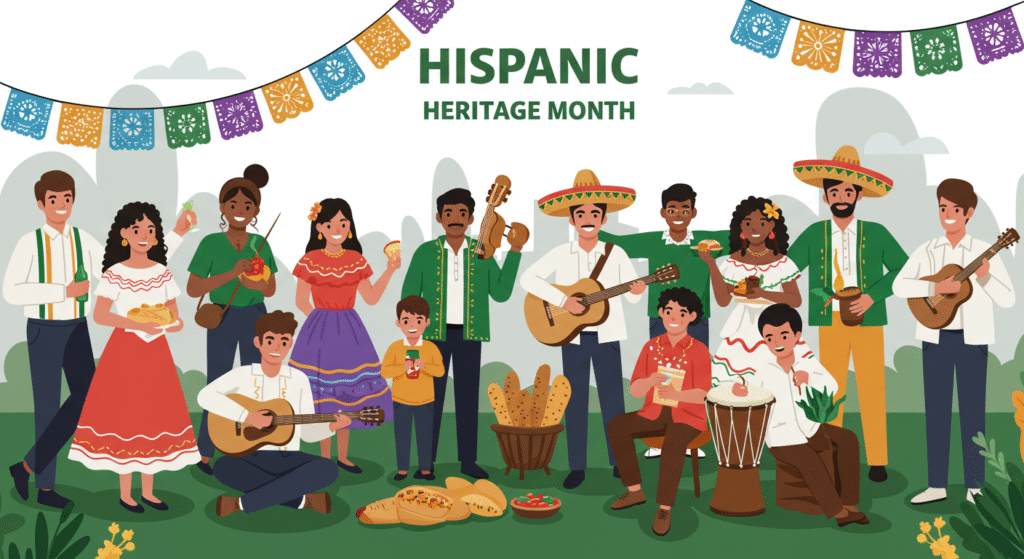 A group of people in traditional Hispanic clothing playing instruments, dancing, and holding food, with a "Hispanic Heritage Month" sign and festive banners above.